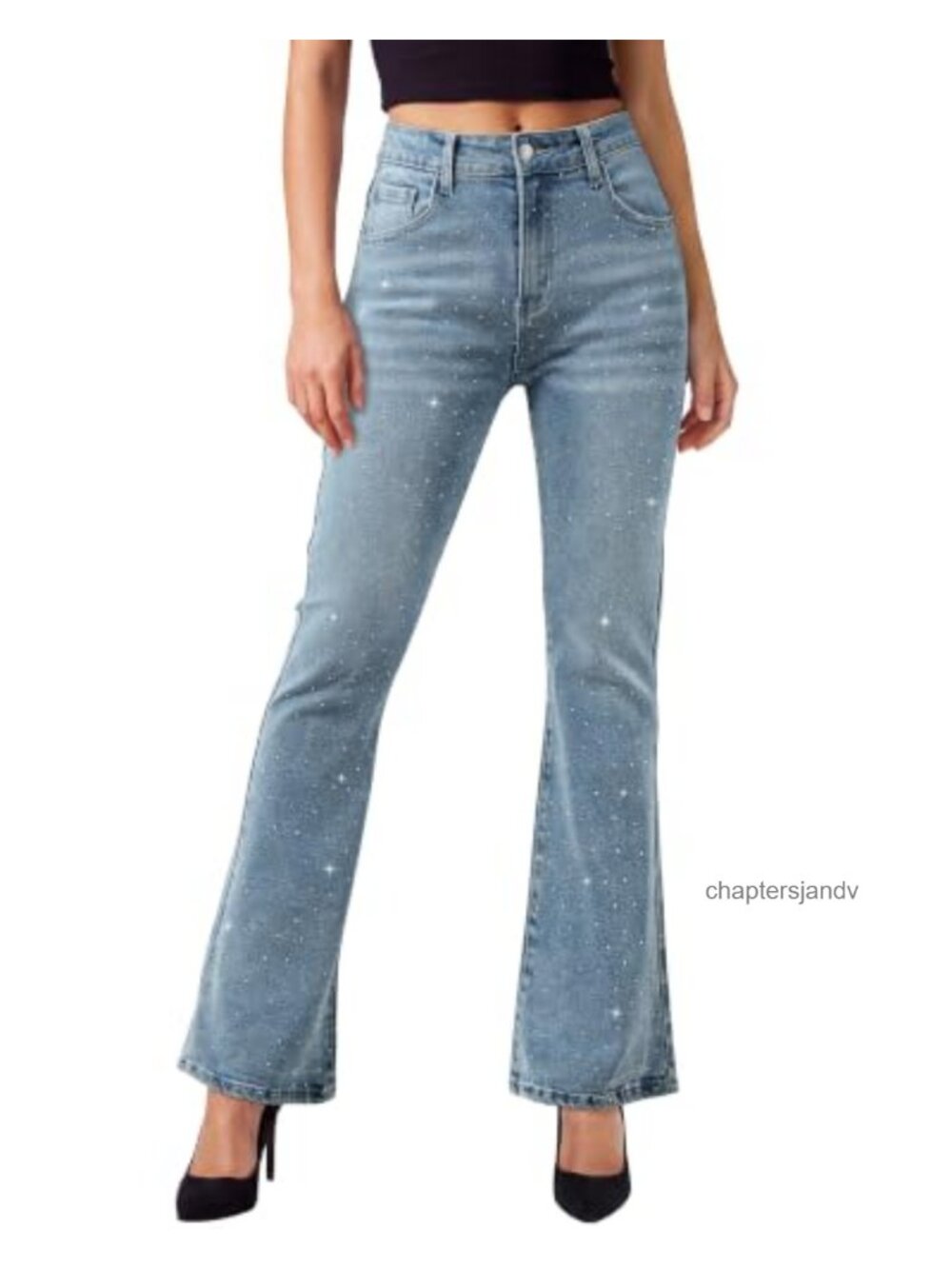 High Rise Flare Jeans Rhinestone Stretchy Denim Patch Pockets Women's